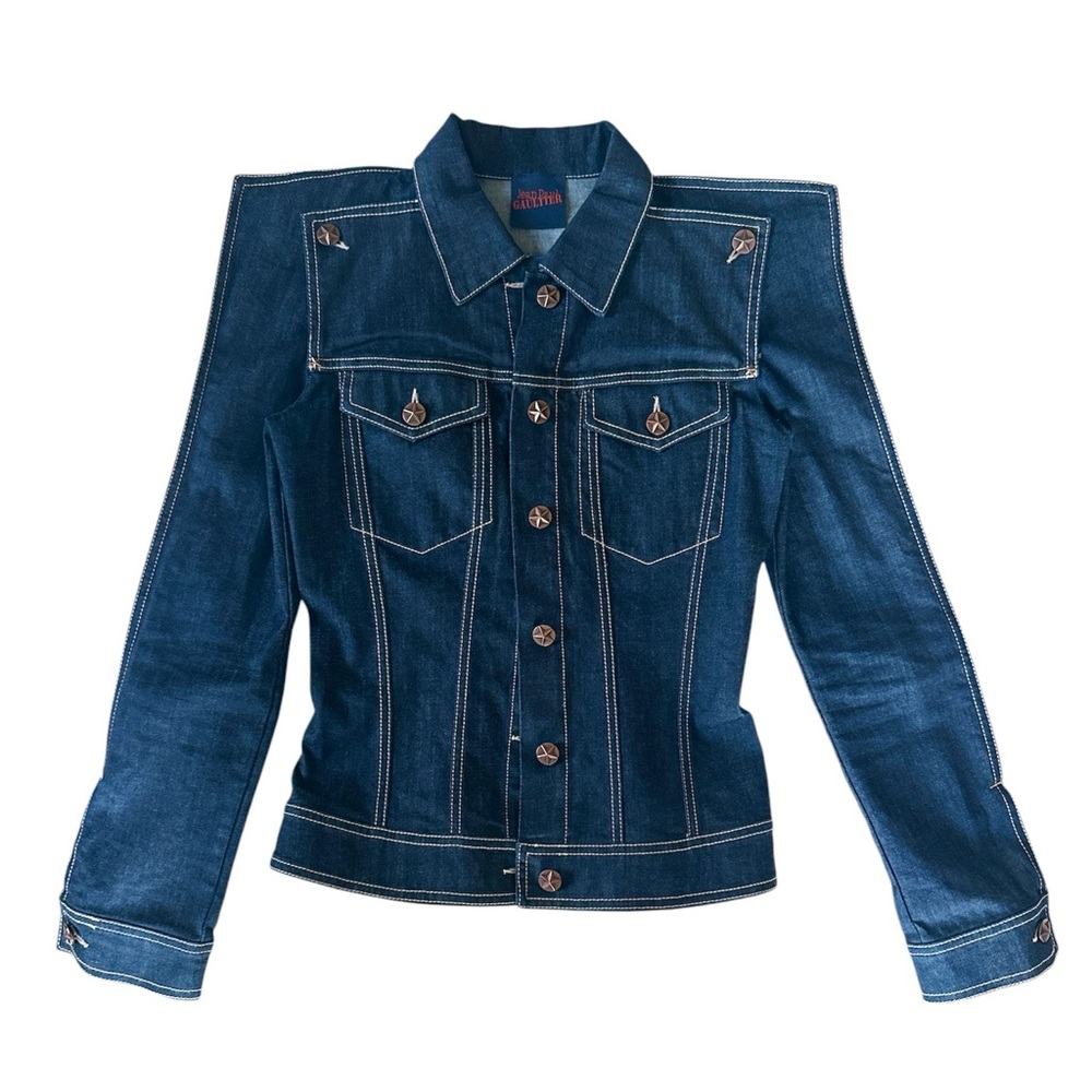Rare Jean Paul Gaultier Raw Blue Denim Square Pointed Shoulder Trucker Jacket
